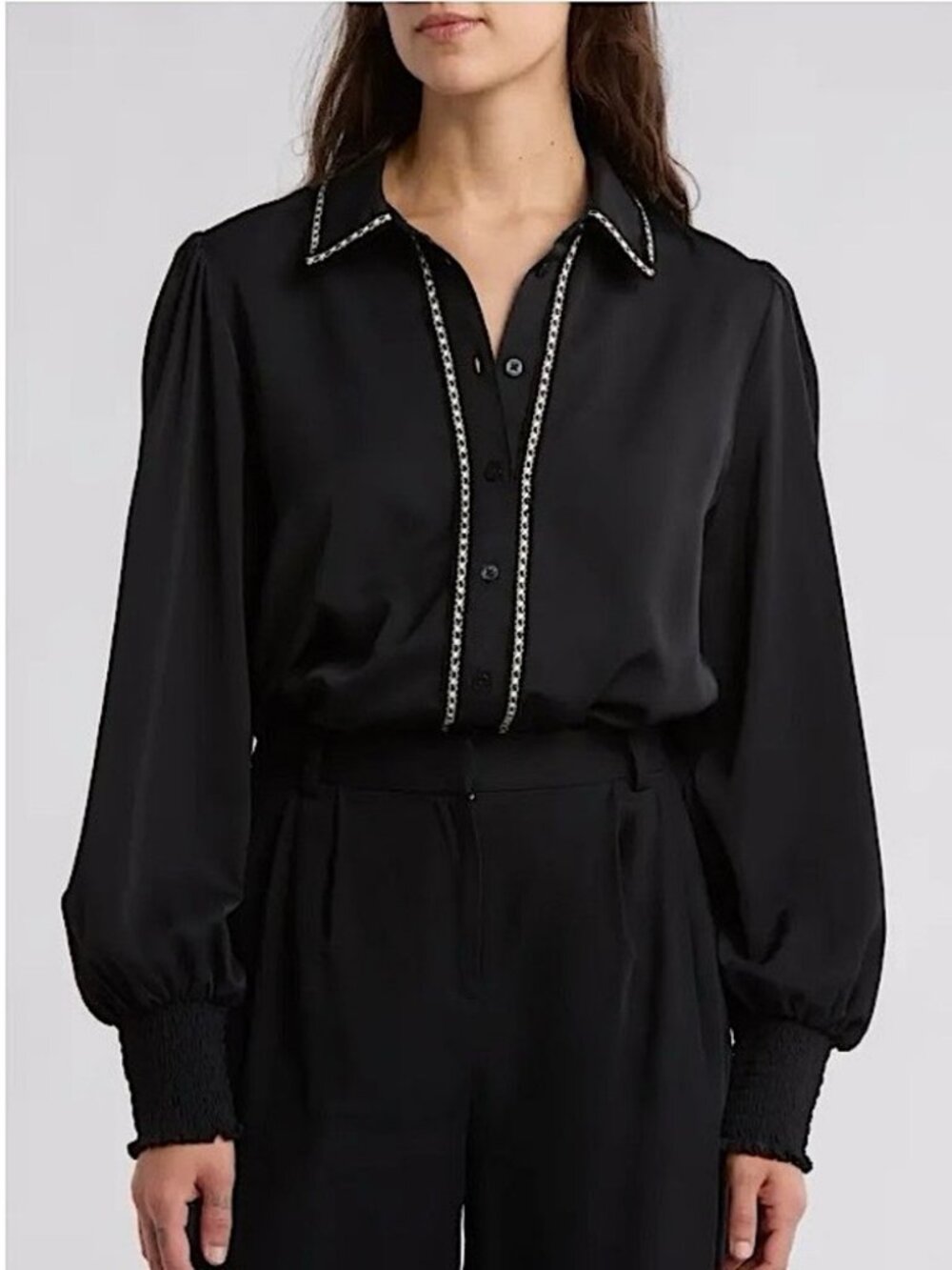 Laundry by Shelli Segal Black Button-Down Blouse L White Trim Dark Academia